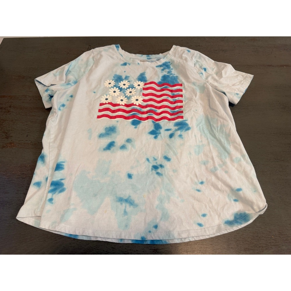 Sonoma Goods for Life Womens 1X Tie Dye American Flag Daisy T-Shirt Blue Plus
